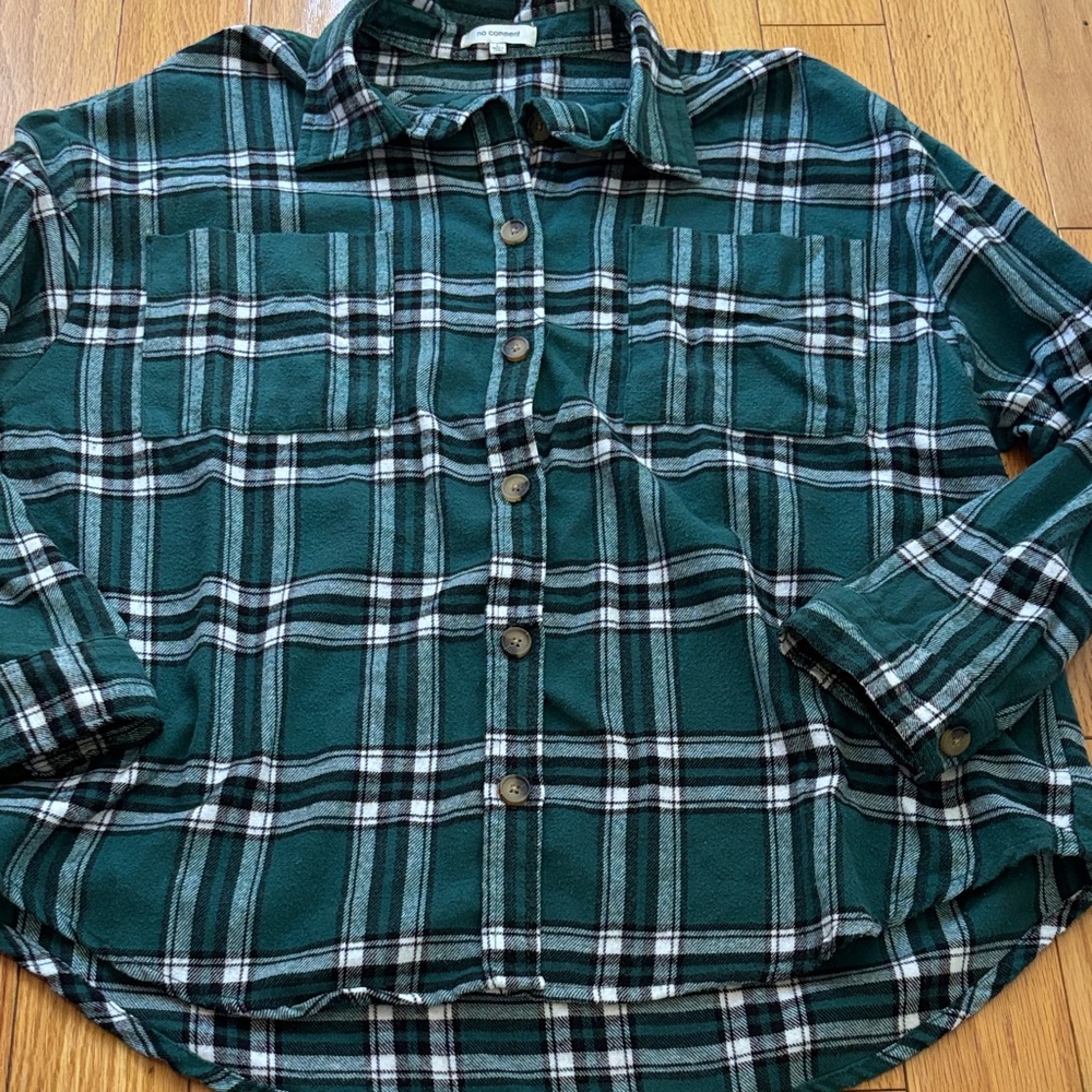 No Comment Juniors sz Large Hunter Green Flannel Plaid Button-Up Shirt